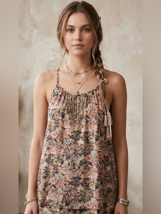 High End Hippie Tops - Floral Spaghetti-Strap Haltertop Sleeveless Top in Blush & Olive Size Large